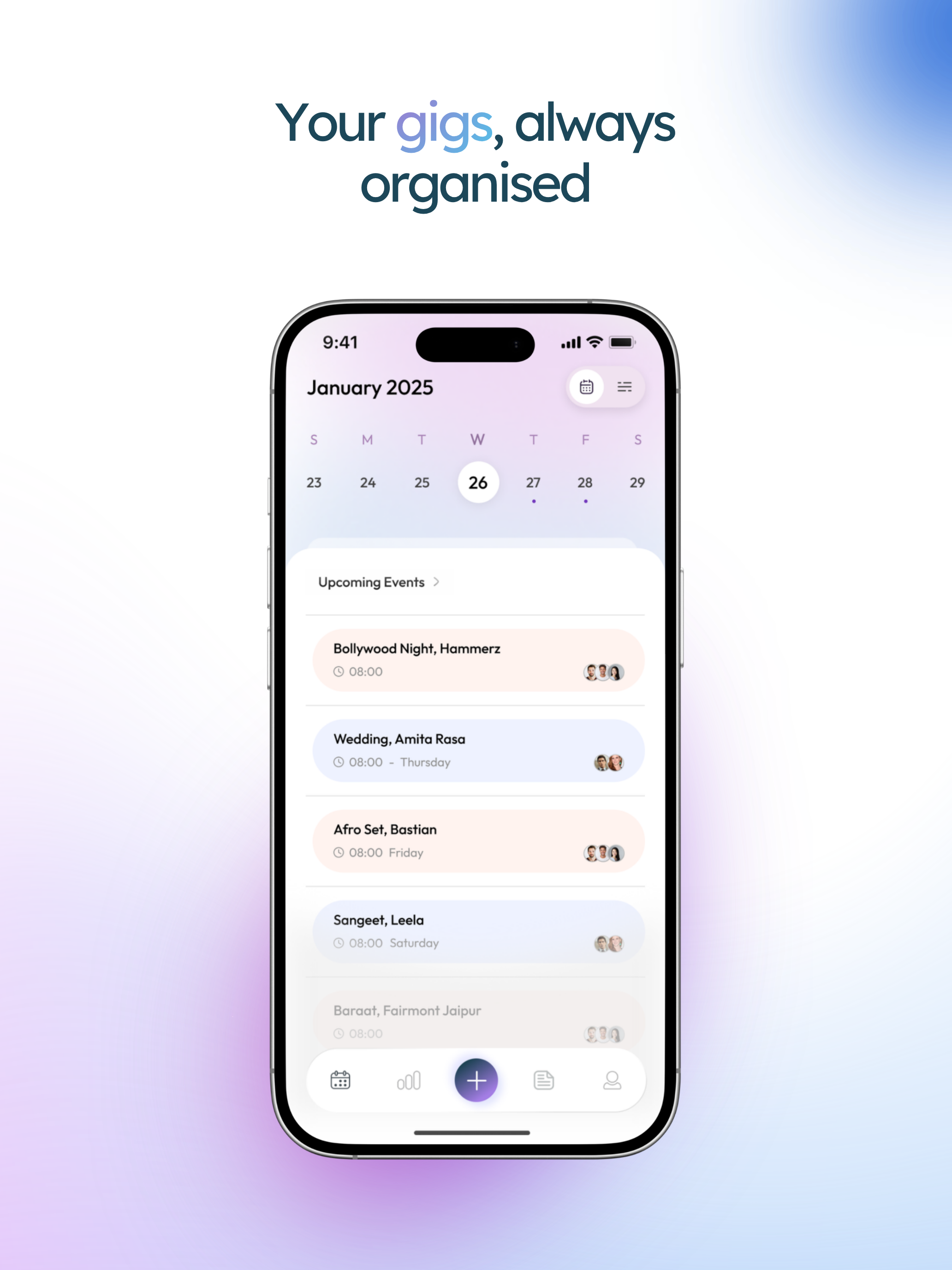 Gigbook app: calendar and upcoming events organized in one view.
