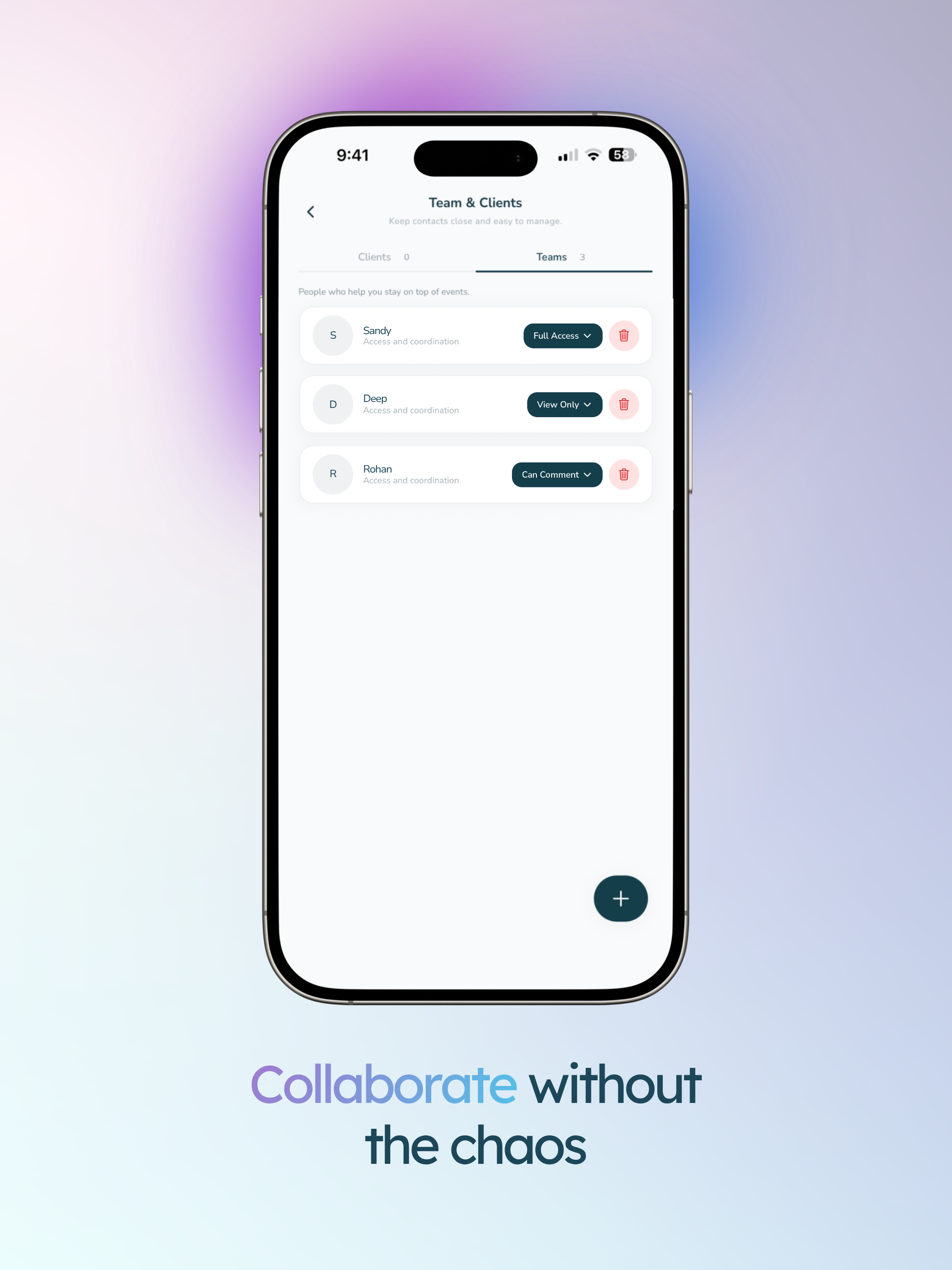 Gigbook app: event details with tasks, finance, and comments in one screen.