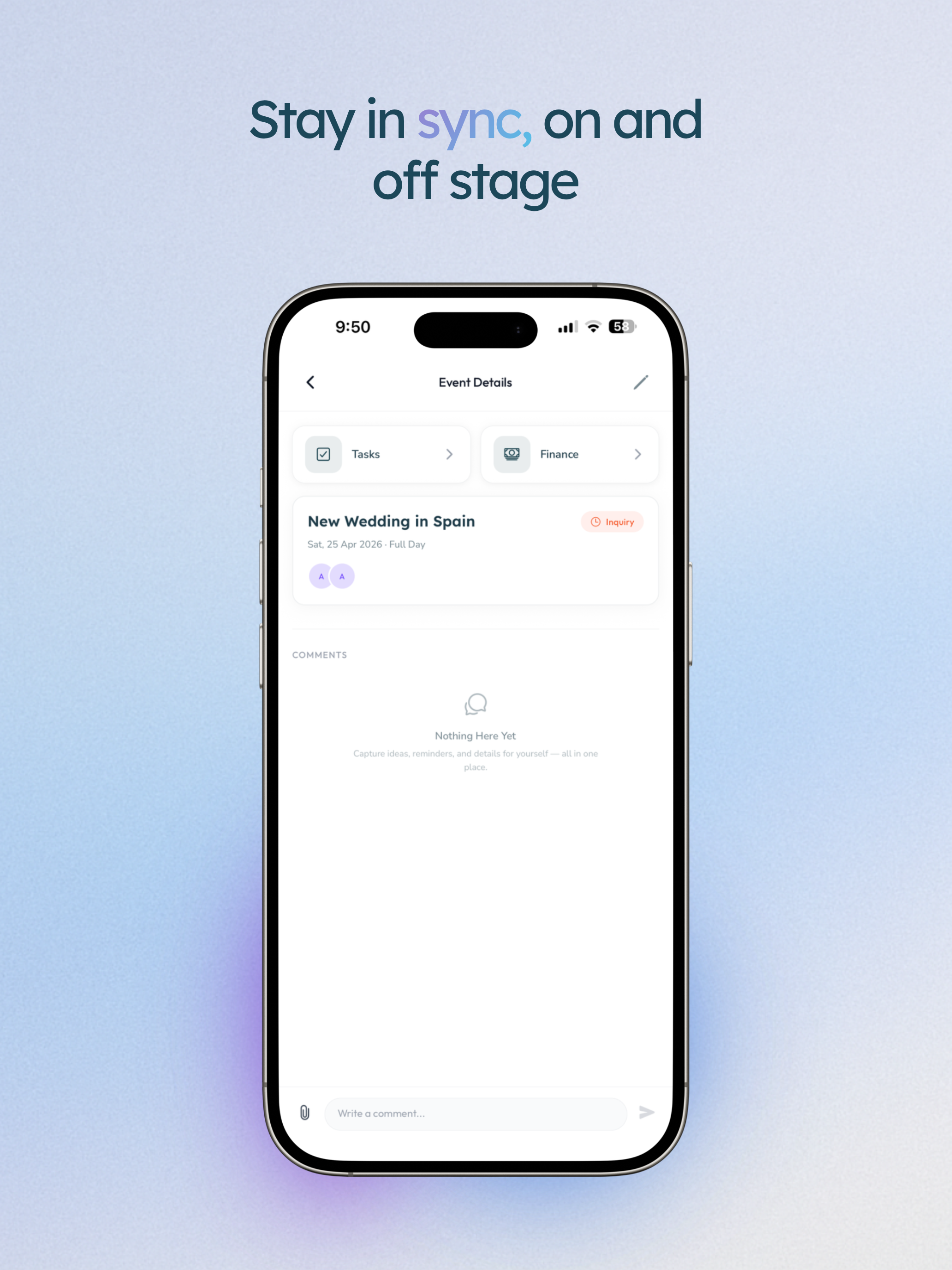 Gigbook app: team and clients with roles and access levels.